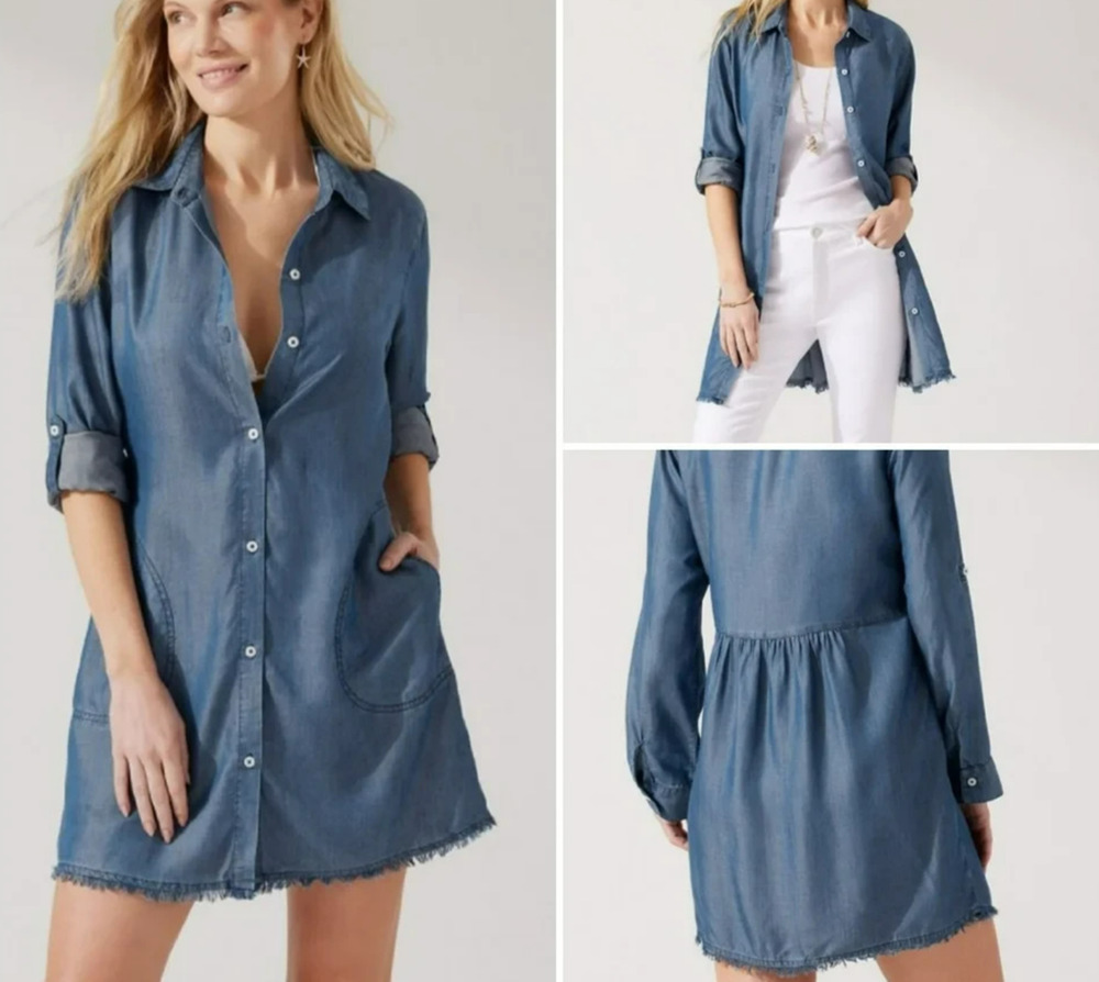 Tommy Bahama Denim Chambray Shirt Dress Size XL Blue Tunic Fringe Pockets Beach